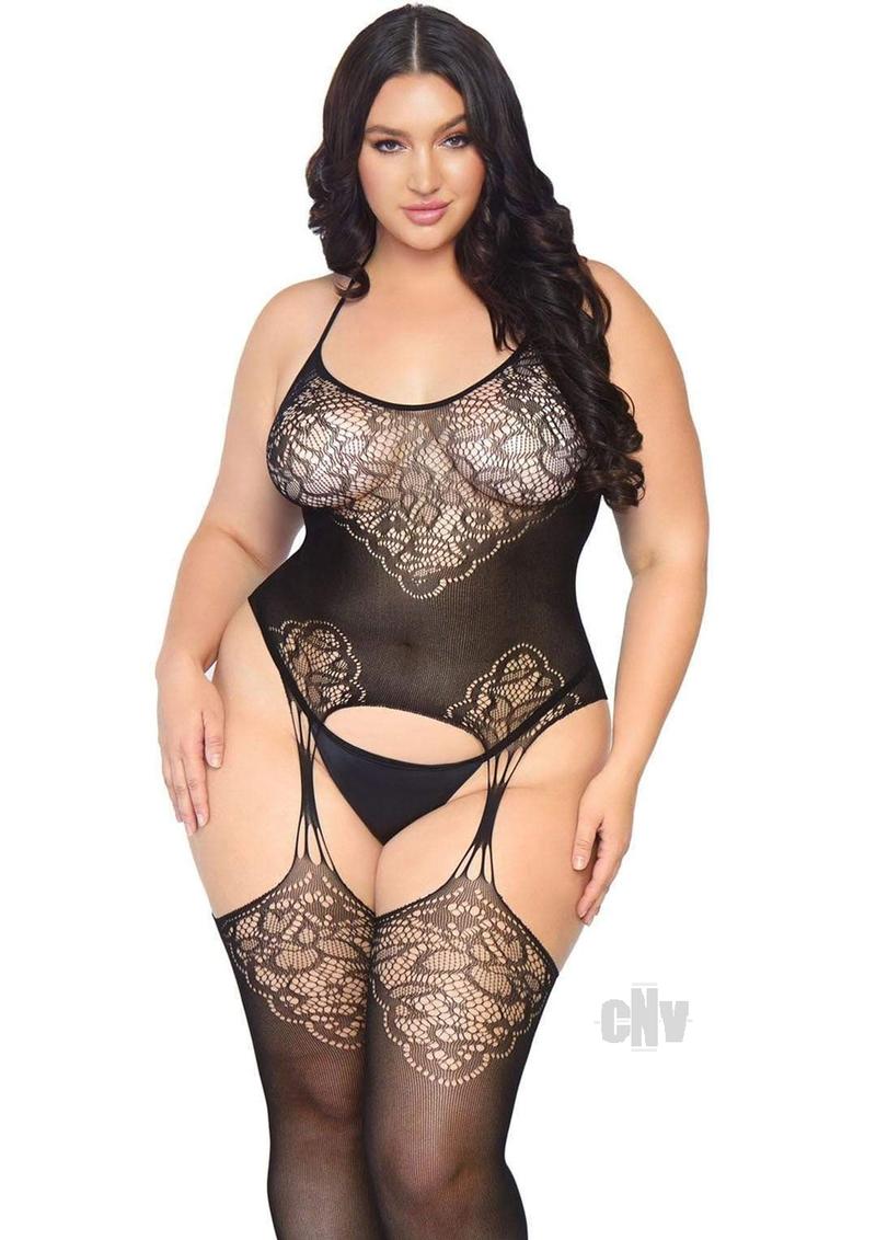 Seamless Lace Jacquard Net Suspender Bodystocking - 1x/2x - Black