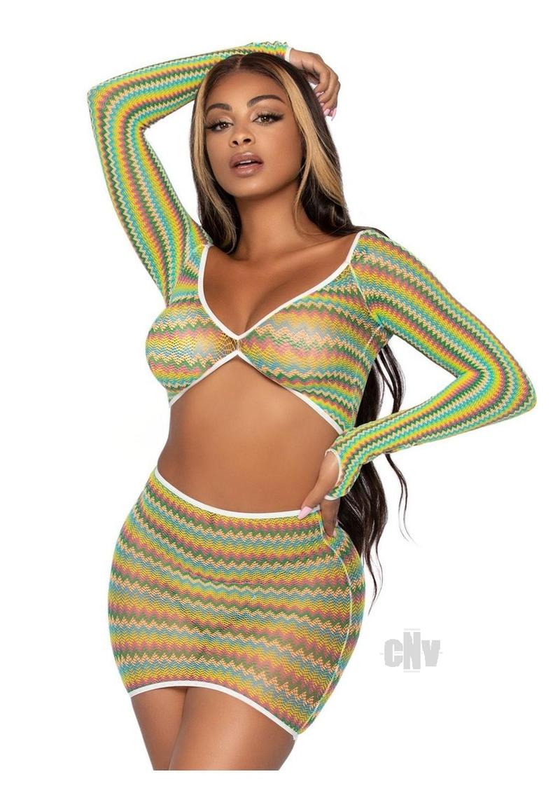2 Pc Zig Zag Net Crop Top and Mini Dress - One Size - Green