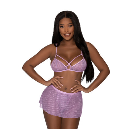 Girl Next Door Strappy Bralette w/Flirty Thong Skirt Lilac S/M