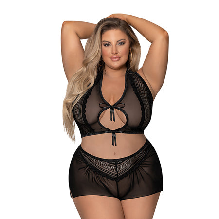 Modern Romance Tie Front Halter & Tap Pant Black 2X