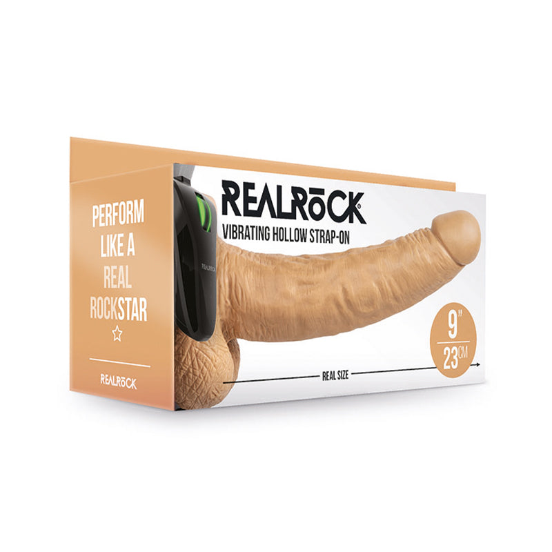 RealRock 9in VibrHollowStrapOnWBalls Tan