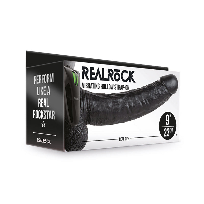 RealRock 9in VibrHollowStrapOnWBalls Blk