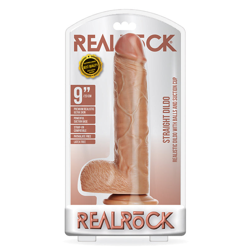 RealRock 9in Straight Dildo W/Balls Tan