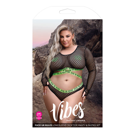 Vibes Fuck Ur Rules Long Sleeve Crop Top, Panty & Pasties Black/Green QN