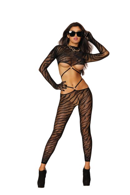 ZEBRA FISHNET 2PC BODYSTOCKING SET BLACK O/S