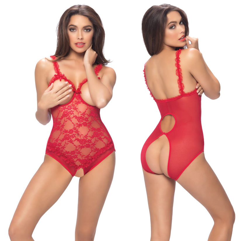 Lace Open Cup & Crotchless Teddy Red O/S