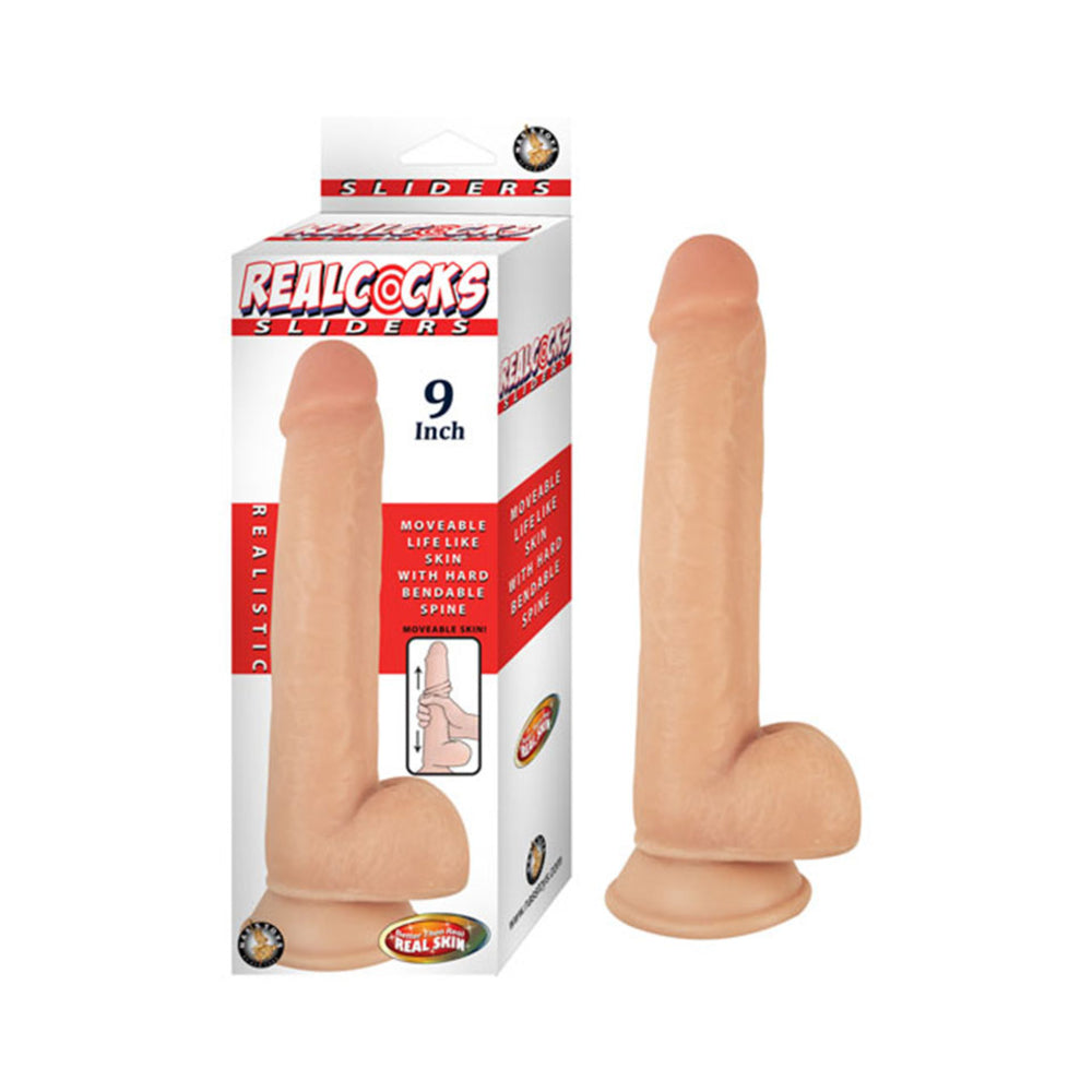 Realcocks Sliders 9in Moveable Skin Bendable Harness Compatible Suction Cup Base Flesh