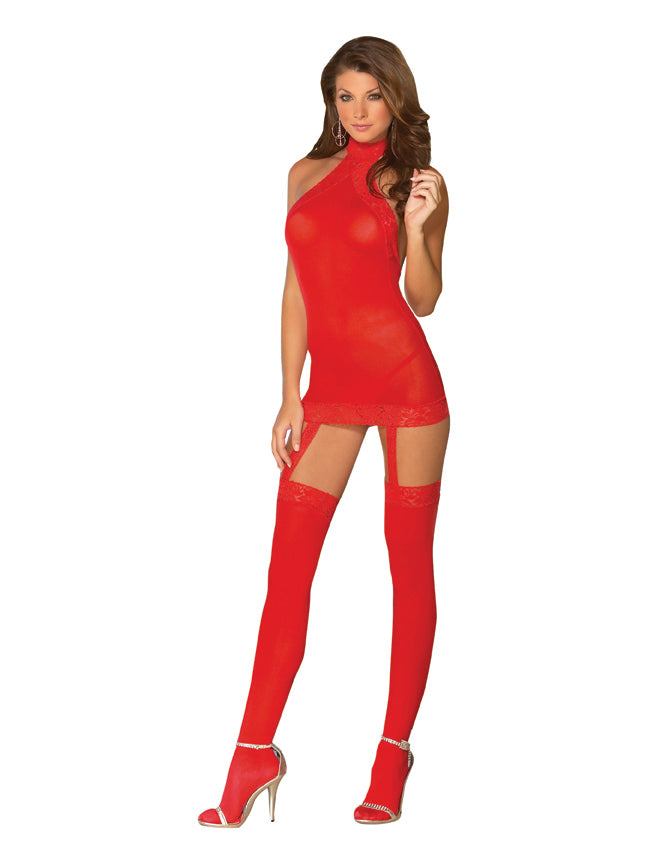 Sheer Dress w/Lace Trim, Attached Garters & Thigh High Stockings (Thong Not Included) Red O/S