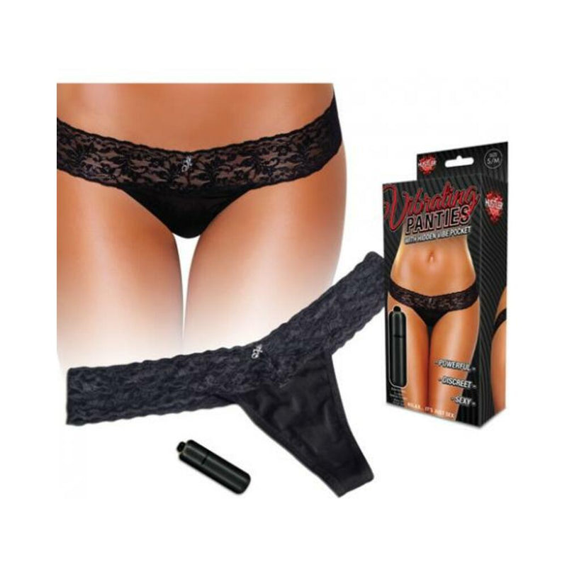Vibrating Lace Thong Hidden Pocket Black M/L