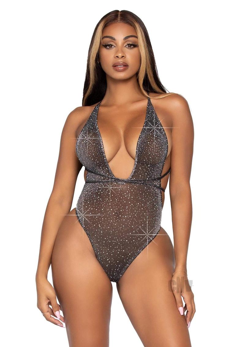 Convertible Lurex Rhinestone Teddy - One Size - Black Silver
