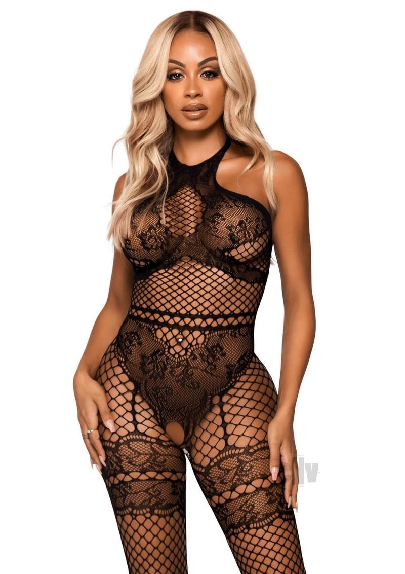 Net and Lace Crotchless Bodystocking - One Size -  Black