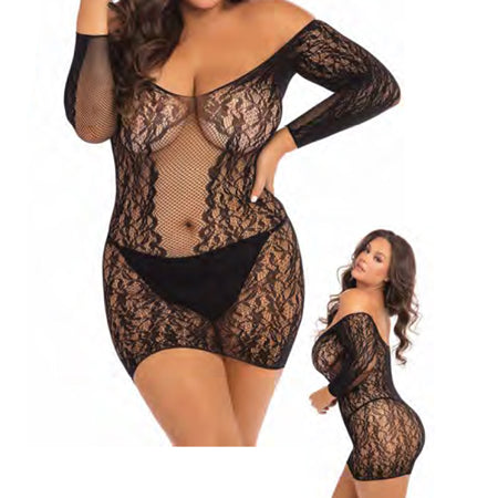 Demure Long Sleeve Mini Dress - Black - 1x/ 2x