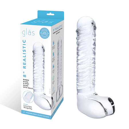 Glas 8' Realistic Ribbed Glass G-Spot Dildo w/Balls - Clear