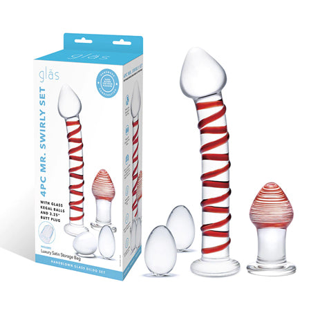 Glas 4 pc Mr. Swirly Set w/Glass Kegal Balls & 3.25' Butt Plug - Red