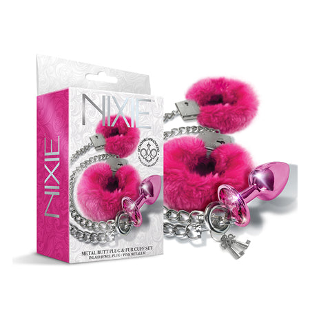 Nixie Metal Butt Plug w/Inlaid Jewel & Fur Cuff Set - Pink Metallic