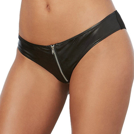 Faux Leather Look Stretch Knit Cheeky Panty w/Functional Zipper Black XL