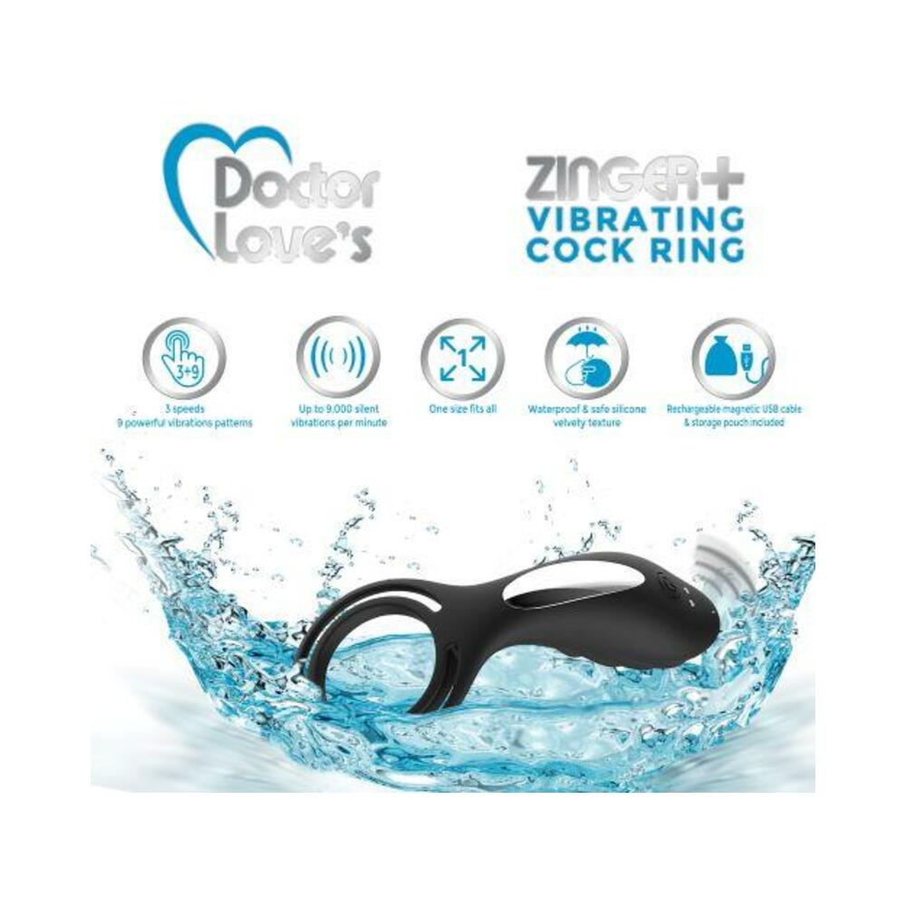 DOCTOR LOVE ZINGER+ VIBRATING RECHARGEABLE COCK RING W/ REMOTE BLACK