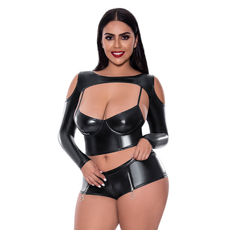 Magic Silk Liquid Onyx Camisole: Longsleeve Shrug & Short Set Black Queen