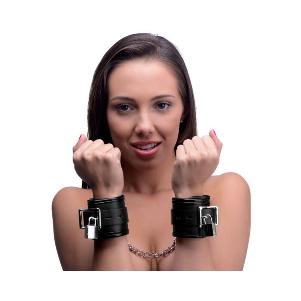 Locking Padded Wrist Cuffs With Chain Black