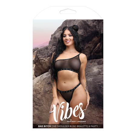 Vibes Bad Bitch One Shoulder Bling Bralette & Panty Black S/M