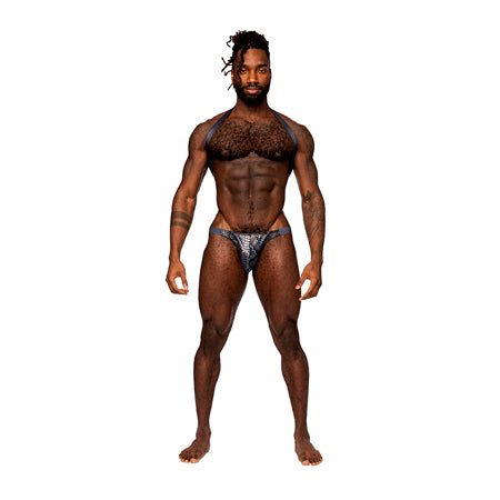 Male Power Snaked Shoulder Sling Harness Thong One-Piece Black/Blue L/XL