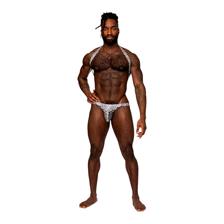 Male Power Snaked Shoulder Sling Harness Thong One-Piece Silver/Black S/M
