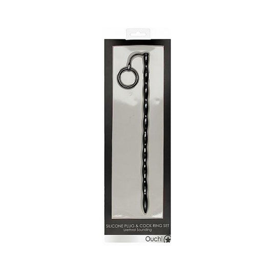 Shots Ouch Urethral Sounding Silicone Plug & Cock Ring Set - Black