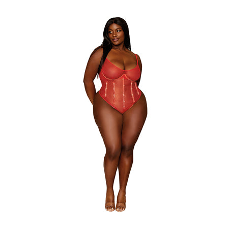 Dreamgirl Thong Teddy with Underwire and Rhinestone Boning Ruby 2XL