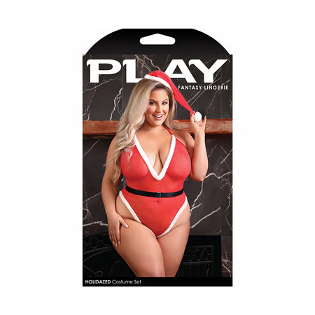 Fantasy Lingerie Play Holidazed Sheer Sparkle Mesh Teddy with Faux Fur Trim: Belt & Santa Hat Red 1XL/2XL