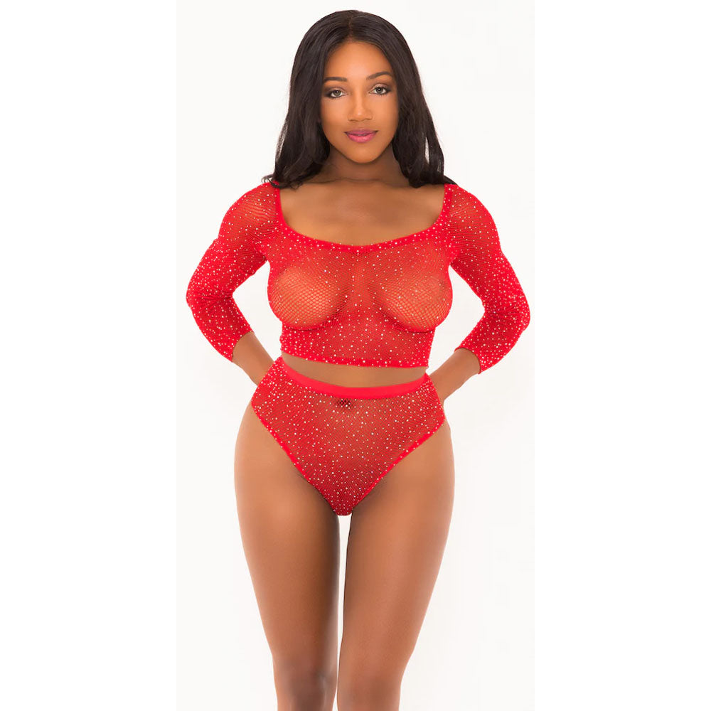 Rhinestone Crop Top With Matching Panty Red O/S