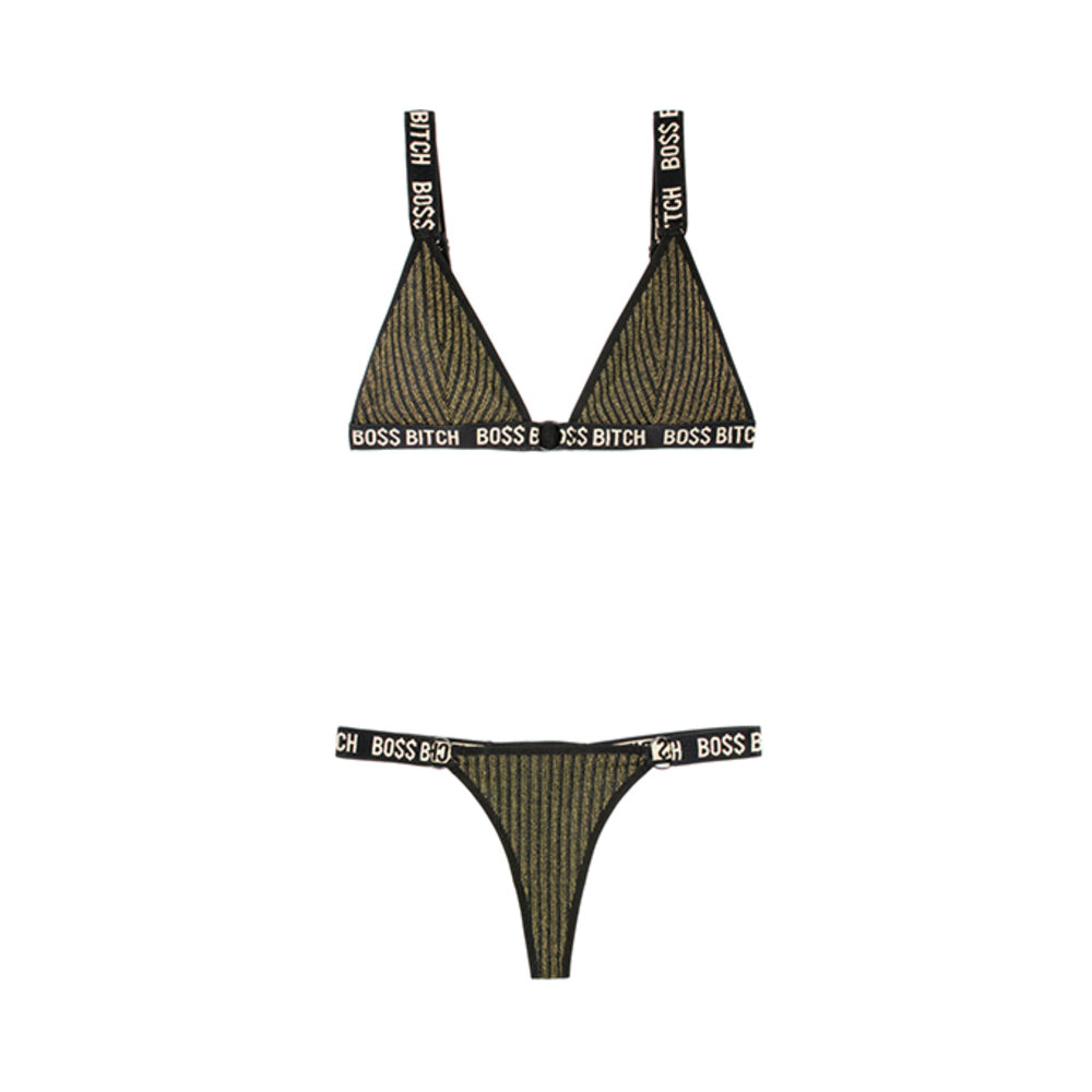 Vibes Boss Bitch Bra/panty Gold Ring Blk Lxl