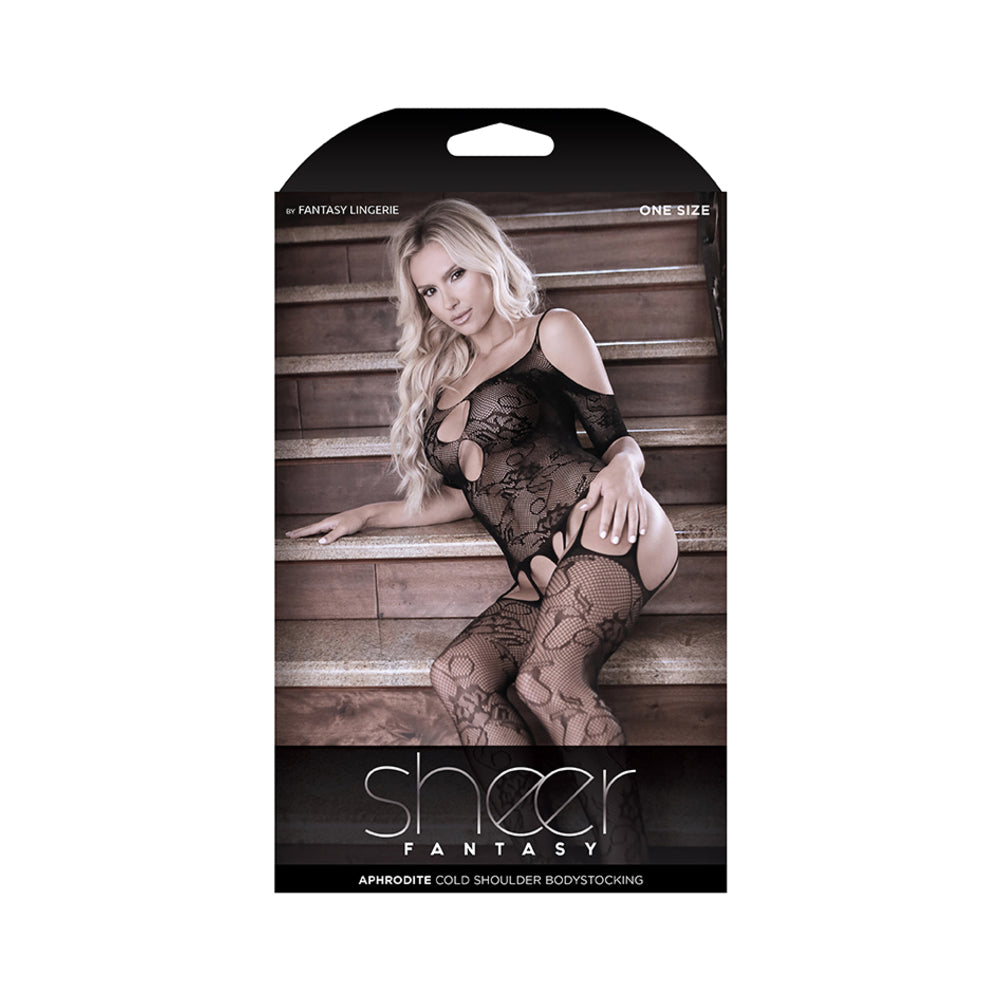 Sheer Aphrodite Floral Net Cold Shoulder Gartered Bodystocking With Cutout Sleeves One Size