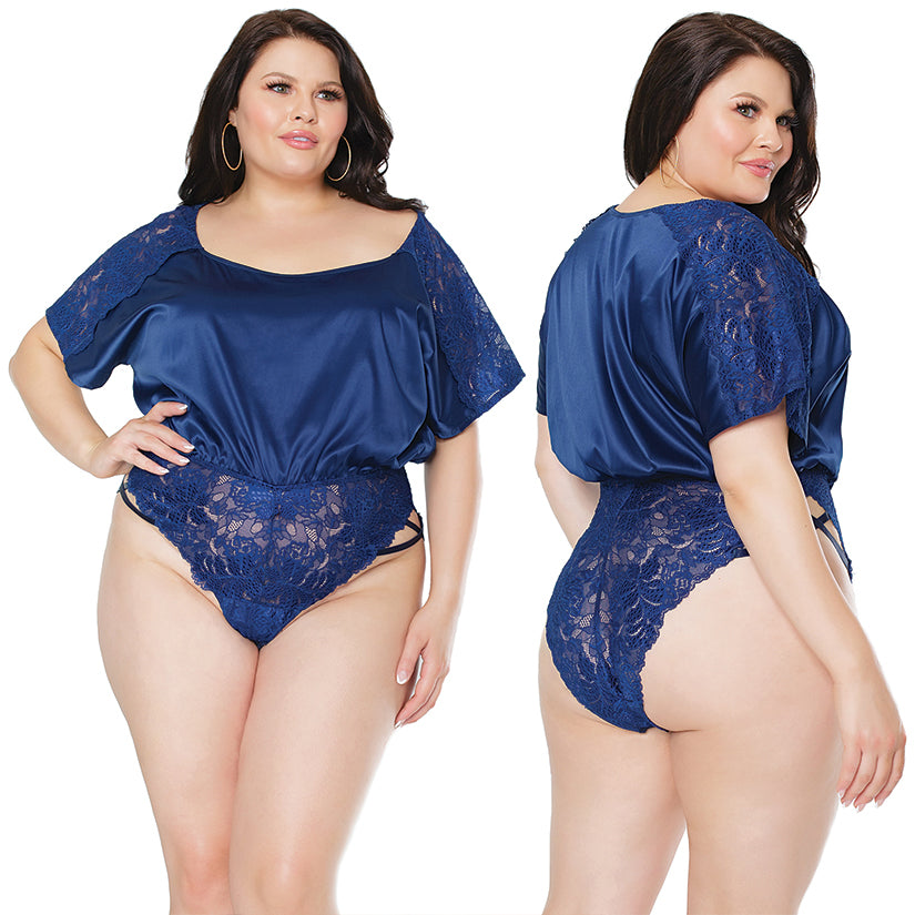 Stretch Satin & Scallop Stretch Lace Off the Shoulder Romper Navy OS/XL