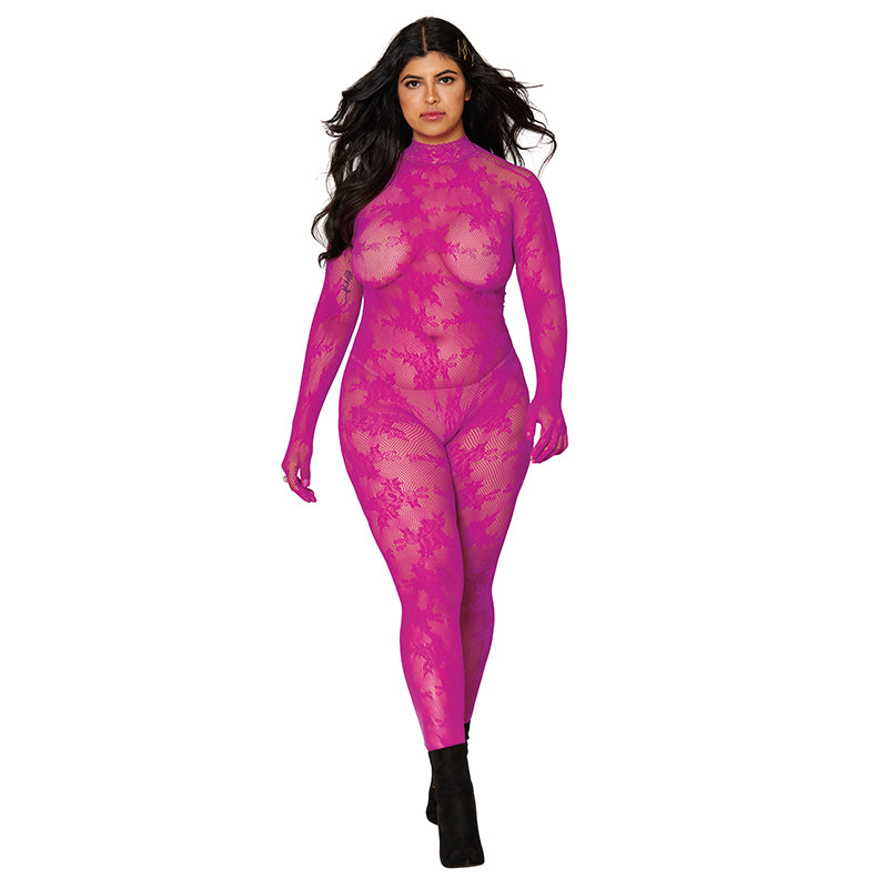 FLORAL BODYSTOCKING W/ FINGER GLOVES AZALEA Q/S