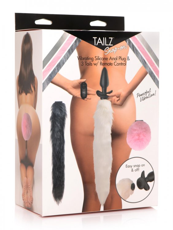 Tailz Snap On Vibrating Silicone Anal Plug w/3 Interchangeable Tails & Remote - Asst Colors